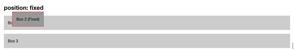 Three boxes, the second box has a top and left offset of 50 pixels by using fixed positioning. This box always sticks to this position and scrolls withing the viewport.