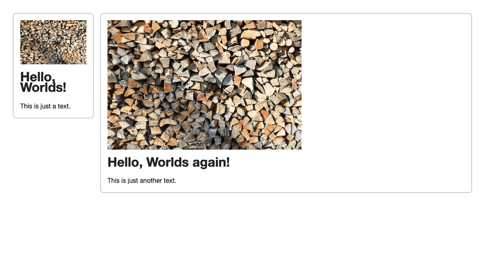 Screenshot showing a two-column layout, first column has a fixed with of 200 pixels the other column takes up the rest of the space. Each column contains the Card component with an example image (firwood) title and text. Image, title and text are displayed after another. Both cards look equal.