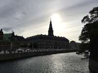 Copenhagen Christiansborg Slotsplads silhouette at sunset.