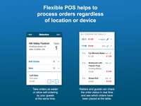 Text: Flexbile POS helps to process orders regardless of location or device. Two screenshots. First screenshot of mobile order screen showing product categories with text: Take orders as waiter or allow self-ordering by your guests at the same time. Second screenshot of mobile status page with text: Waiters and guests can check the order status in real time and see which orders have been placed at the table.